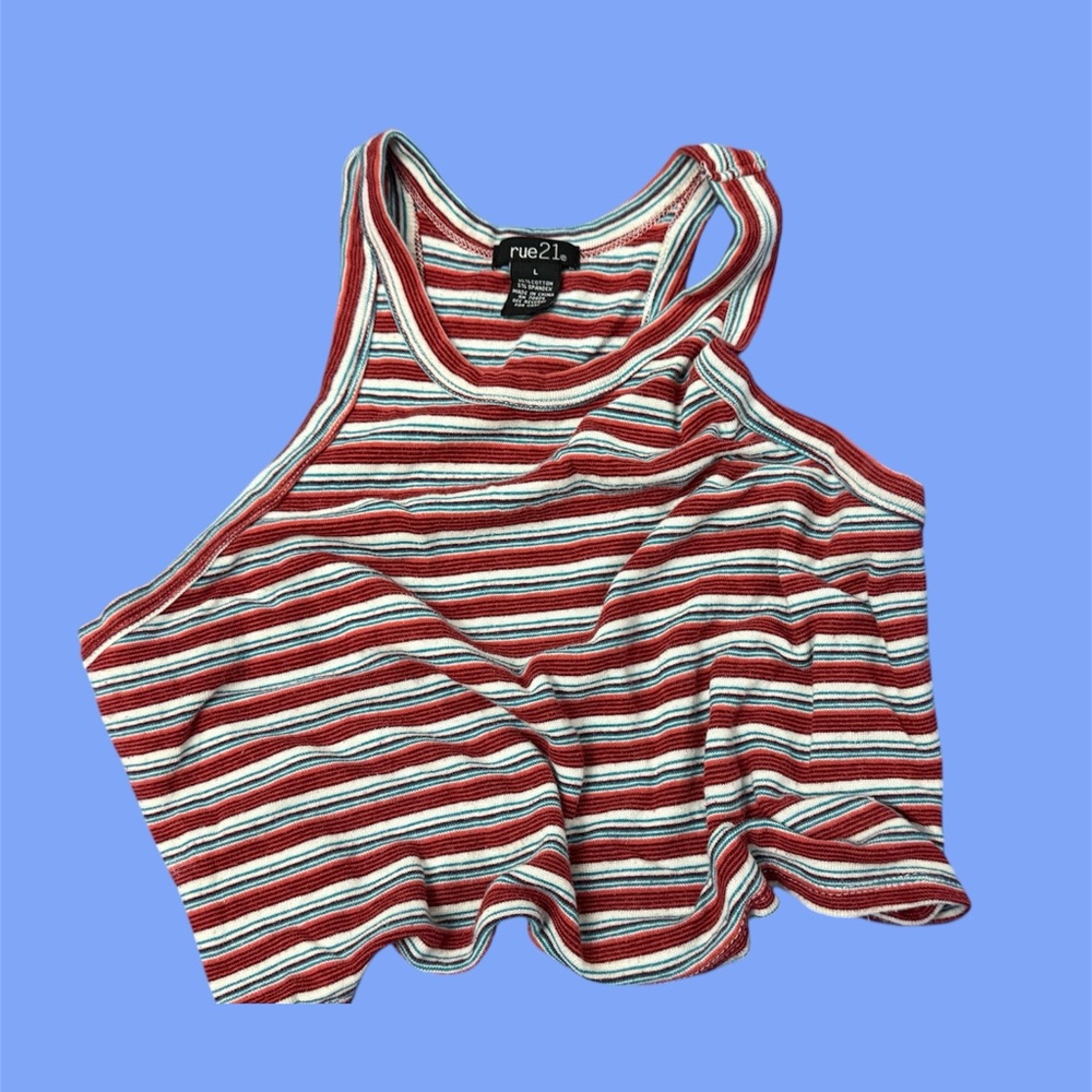 Rue21 burnt orange and blue stripped halter cropped tank top.